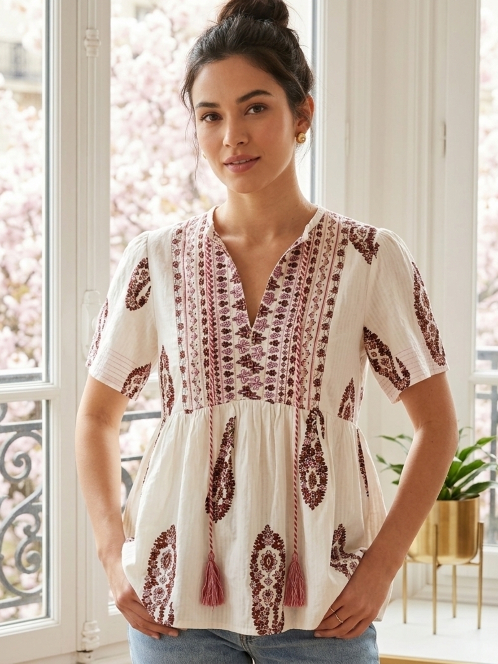 Knox Rose Ivory Peasant Blouse with Wine Embroidery